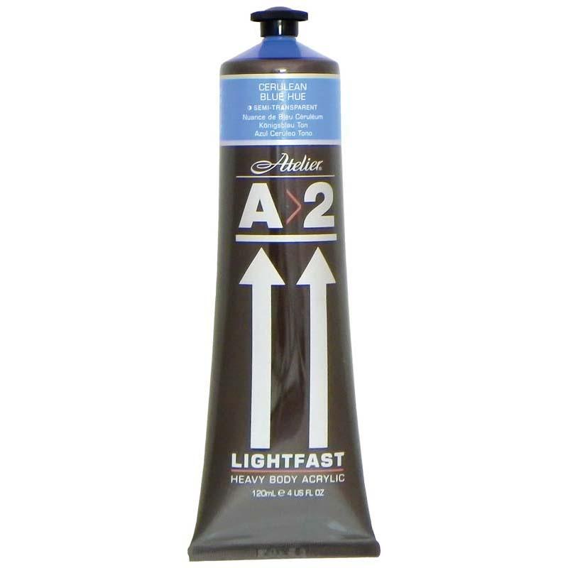 A2 Lightfast Heavybody Acrylic in Cerulean Blue, 120ml tube, vibrant color with excellent brush mark retention and low gloss finish.