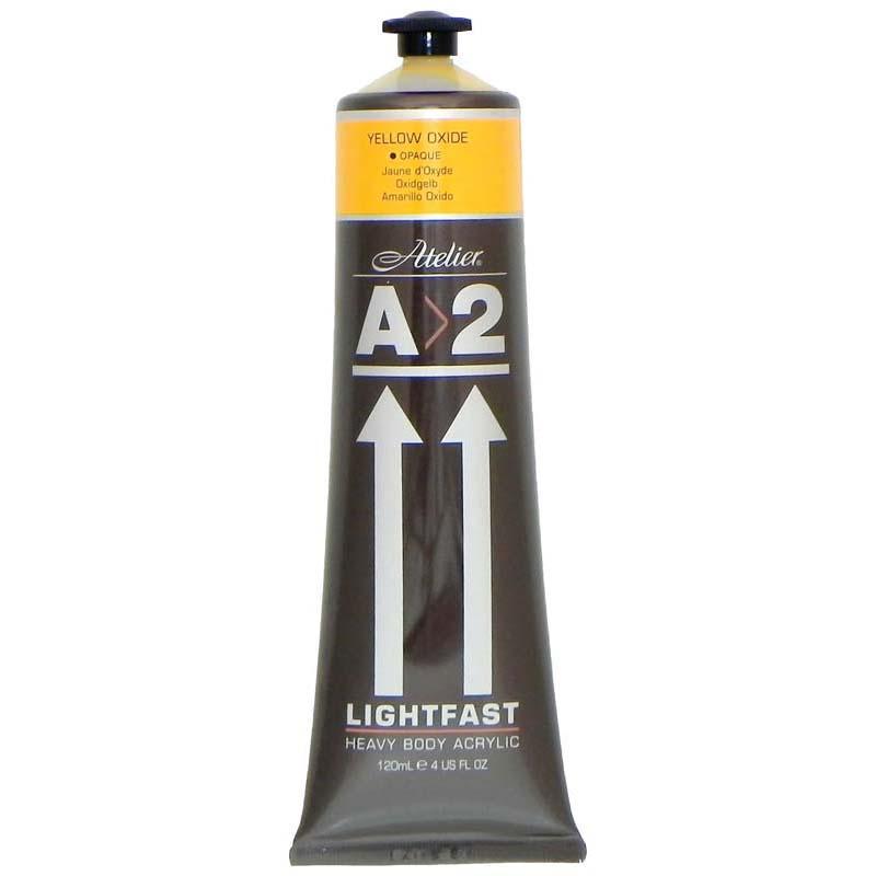A2 Lightfast Heavybody Acrylic in Yellow Oxide, 120ml tube, vibrant color, excellent coverage, and low gloss finish for artists.