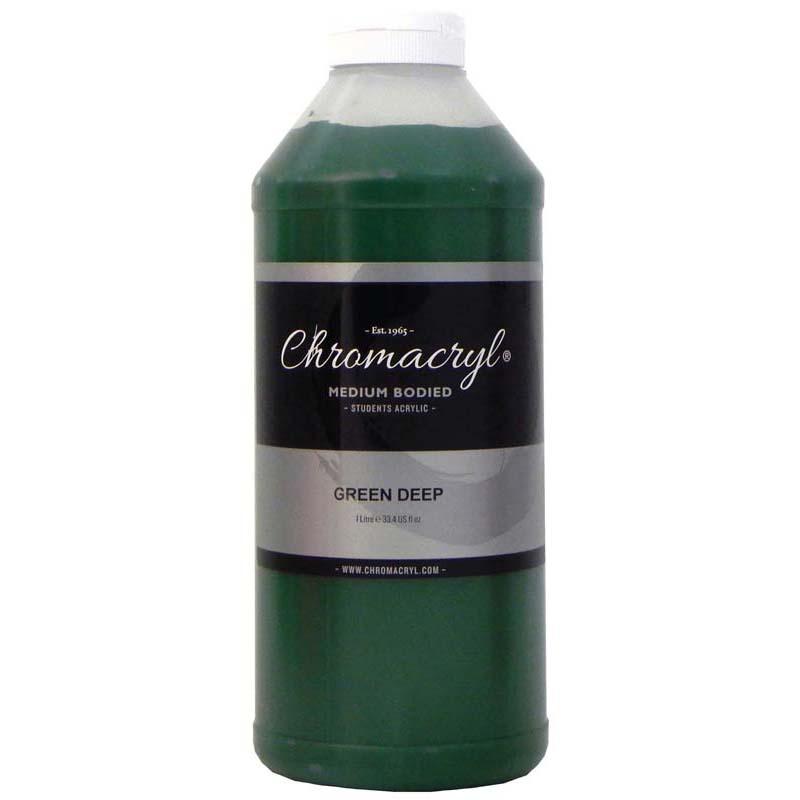 Deep Green Chromacryl Acrylic Paint in a 1 Litre bottle, perfect for student and artist projects with quick-drying, non-toxic formula.