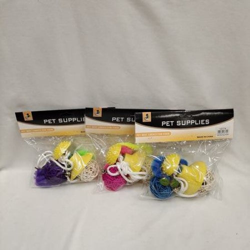 Colorful set of 12 cat toys designed to engage and entertain cats with vibrant hues and various shapes.