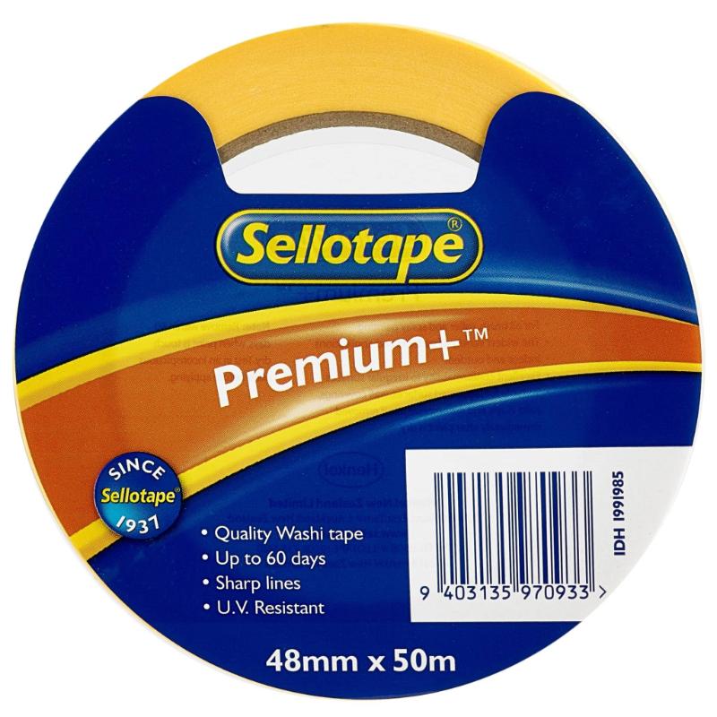 Sellotape Premium+ Washi Masking Tape, 48mm x 50m, ideal for crafting, featuring sharp lines and vibrant, U.V. resistant designs.