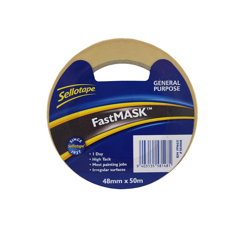 High-quality masking tape, 48mm x 50m, ensuring sharp edges for painting and decorating on various surfaces.