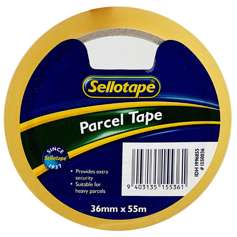 Clear polypropylene tape 36mm x 55m, strong rubber adhesive for secure packaging, ideal for gifts and heavy parcels.