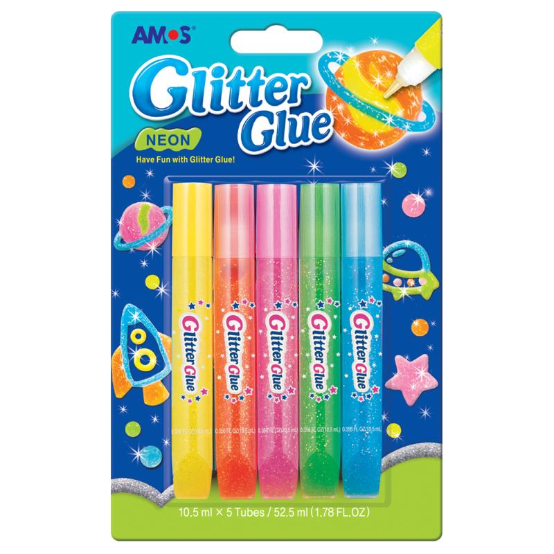 Vibrant pack of 5 Amos neon glitter glues in yellow, orange, pink, green, and blue for crafting fun and creativity.