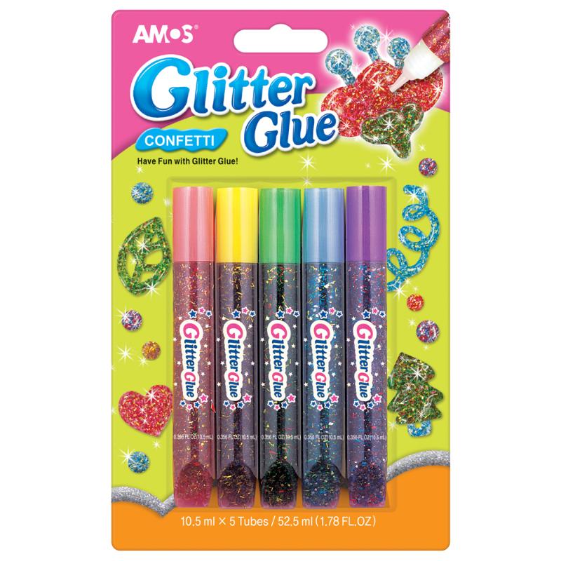 Amos Glitter Glue Confetti Colours Pack 5 featuring vibrant glitter glues in gold-red, gold, gold-green, gold-blue, and red-blue.