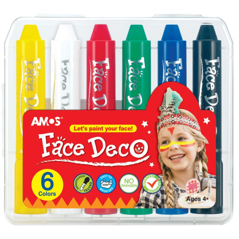 Vibrant Amos Face Deco Facepaint Set with 6 colors, perfect for kids' parties and safe for face and body use.