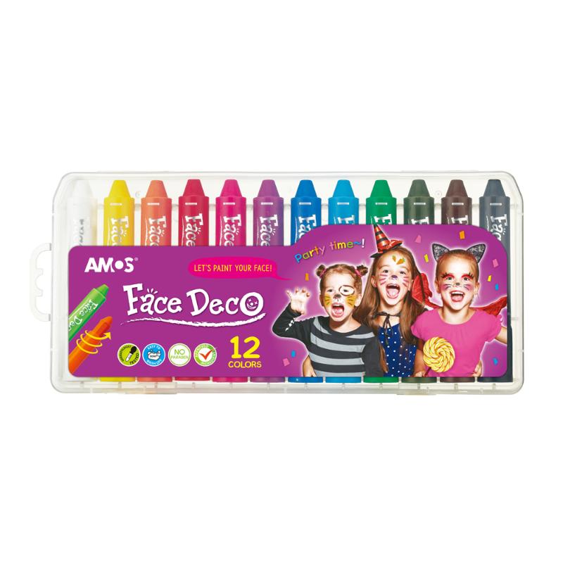 Amos Face Deco Facepaint Set with 12 vibrant colors, perfect for safe and fun face and body painting at events.