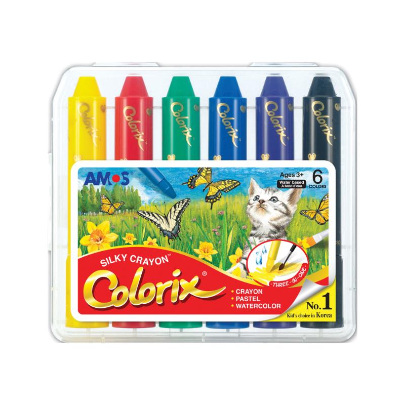 Amos Colorix Silky Crayon pack of 6, versatile for crayon, pastel, and watercolor art with vibrant, washable colors.