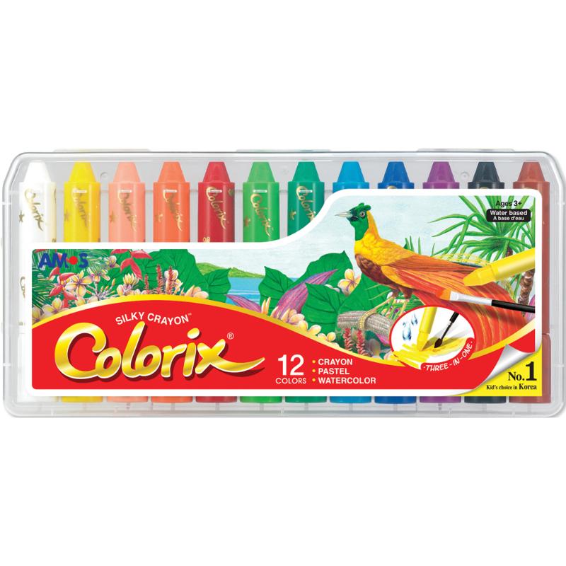 Amos Colorix Silky Crayon pack of 12 featuring vibrant, versatile crayons for smooth blending and easy cleanup.