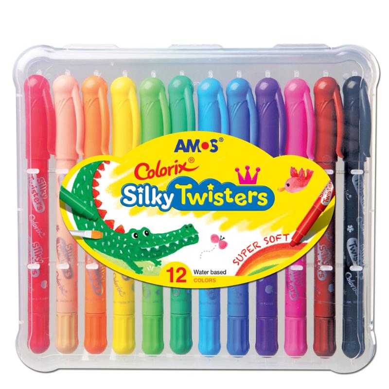 A vibrant 12-pack of Amos Colorix Silky Twisters crayons with a twistable base for easy use and clean hands during creativity.