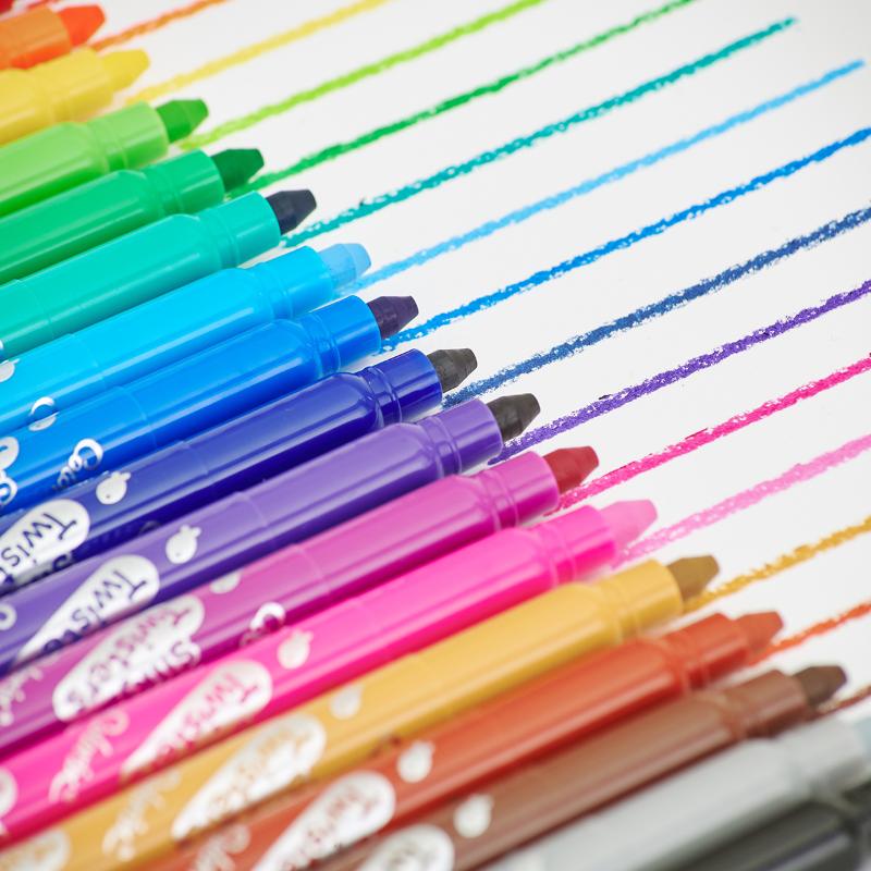Amos Colorix Silky Twisters pack of 12 vibrant water-based crayons in classic colors, perfect for easy and clean creative drawing.