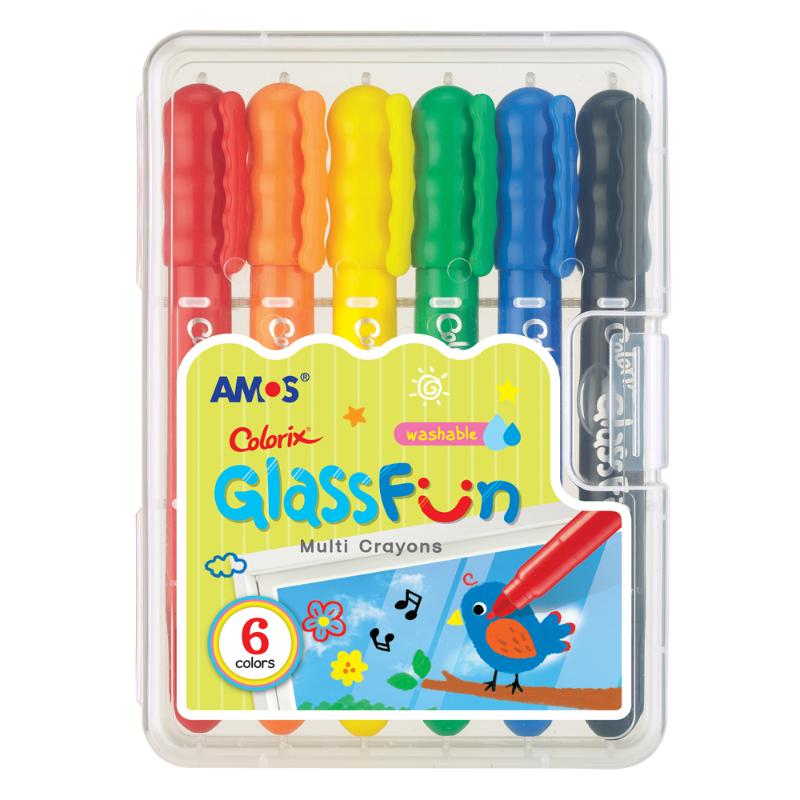 Amos Colorix Glass Fun Multi Crayons Pack of 6, vibrant non-toxic crayons for glass and mirrors, easy to erase and perfect for kids.