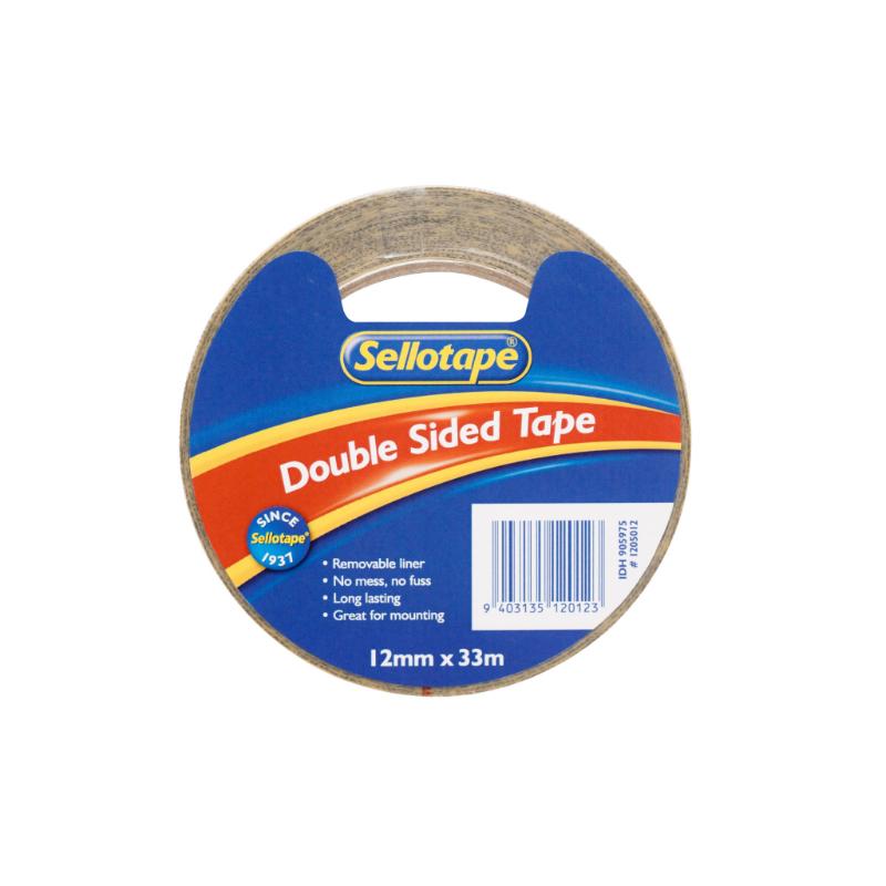 Sellotape 1205 double-sided tape, 12mm x 33m, ideal for crafting, DIY, and home projects with strong adhesion.