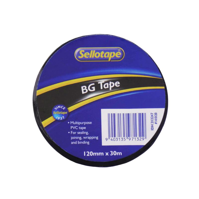 Black Sellotape 1410 BG tape, 120mm x 30m, strong PVC adhesive for versatile sealing, wrapping, and joining tasks.