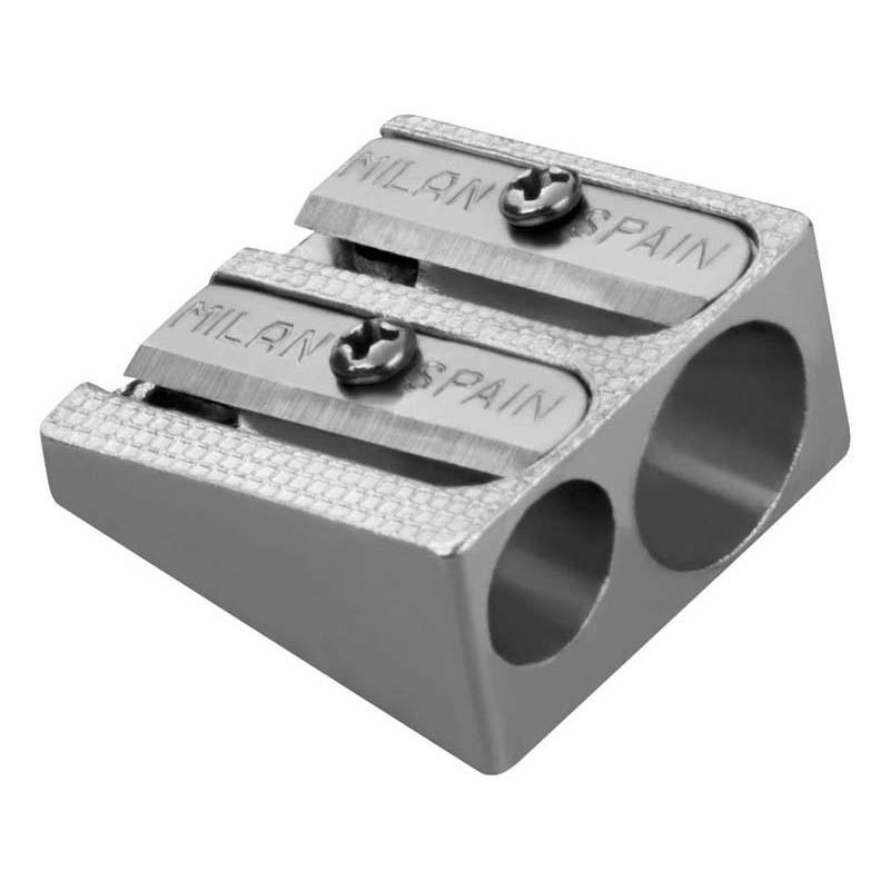 Aluminium double hole pencil sharpener for standard and jumbo pencils, featuring durable metal and sharp carbon steel blades.