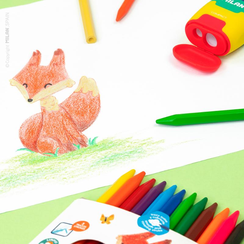 Milan Plastipastel Triangular Pack of 24 vibrant crayons in assorted colors, designed for easy grip and clean drawing.