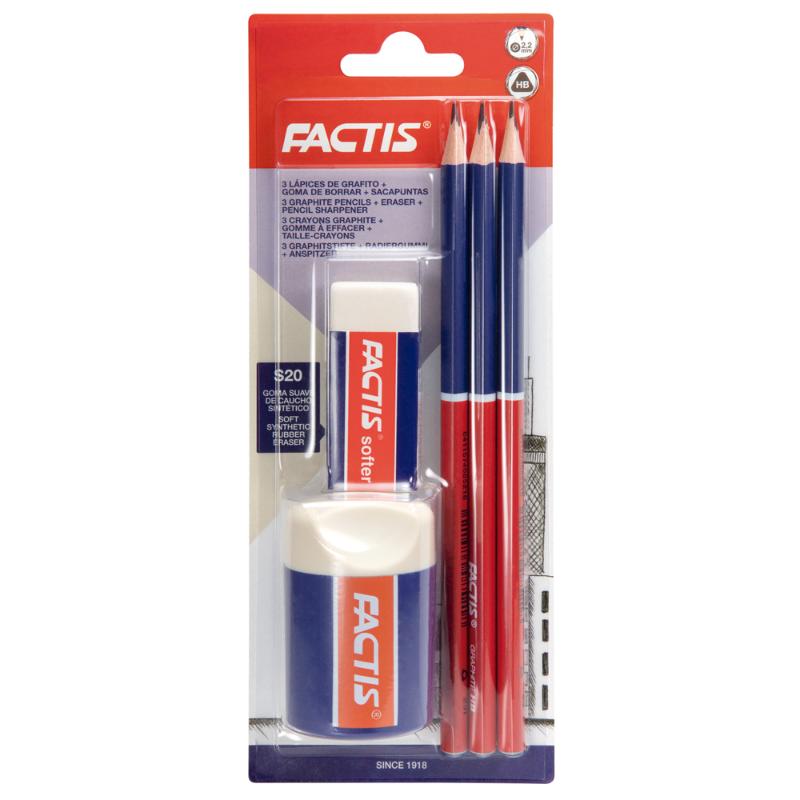 Factis Back to School Stationery Pack with vibrant items, includes S20 eraser, sharpener, and 3 triangular pencils for students.