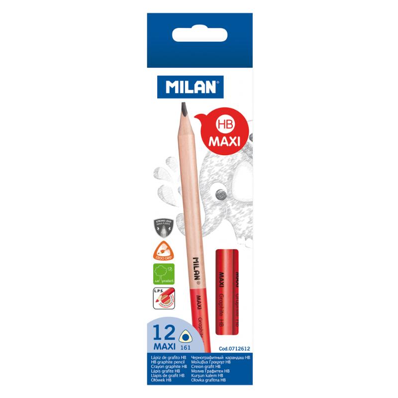 Milan Maxi HB Graphite Pencils in a pack of 12, featuring 3.5mm lead, ergonomic grip, and breakage-resistant design.