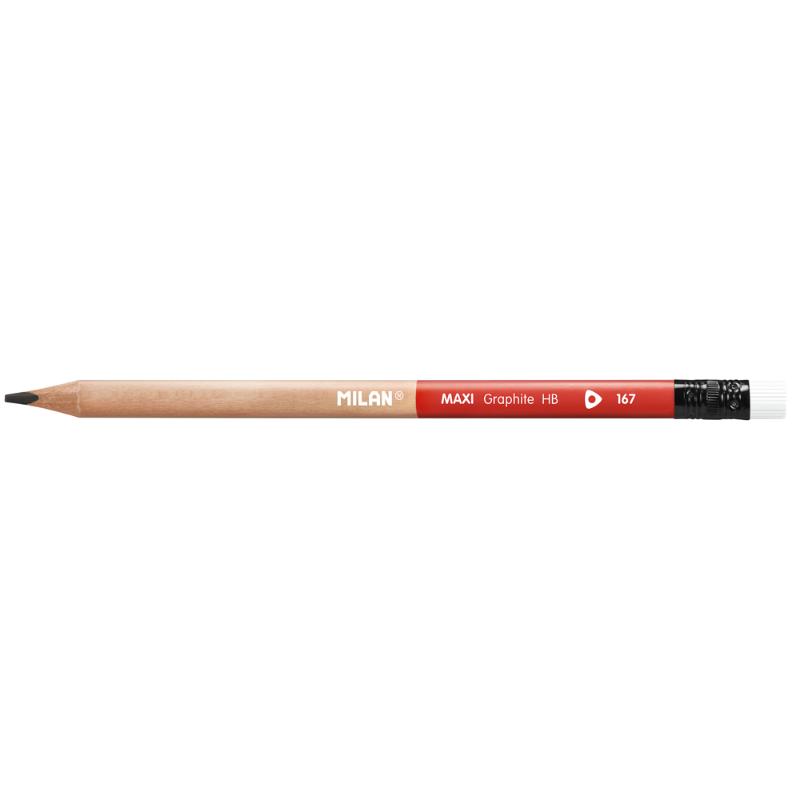 Milan Maxi HB graphite pencils pack of 12, featuring ergonomic design, 3.5mm lead, and built-in eraser for sketching and writing.
