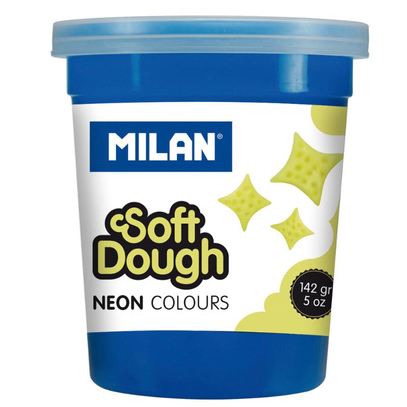 Vibrant Milan Soft Dough Neon Colours Pack with five easy-to-mould, non-toxic doughs in yellow, orange, red, blue, and green.