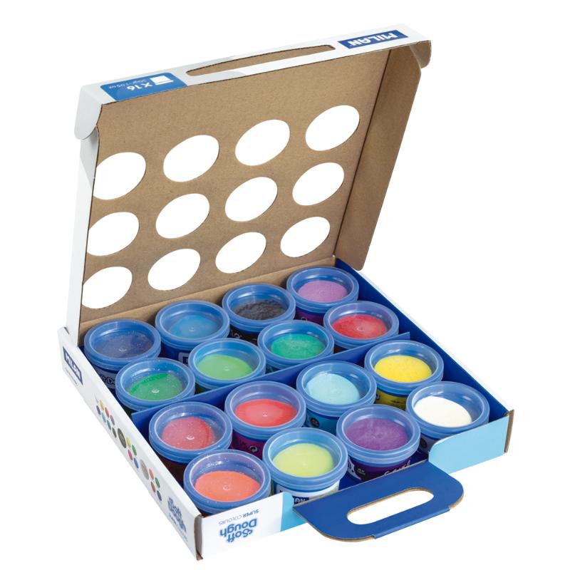 Vibrant Milan Soft Dough Assorted Pack with 16 cans in basic, neon, and glitter colors for creative modeling fun.