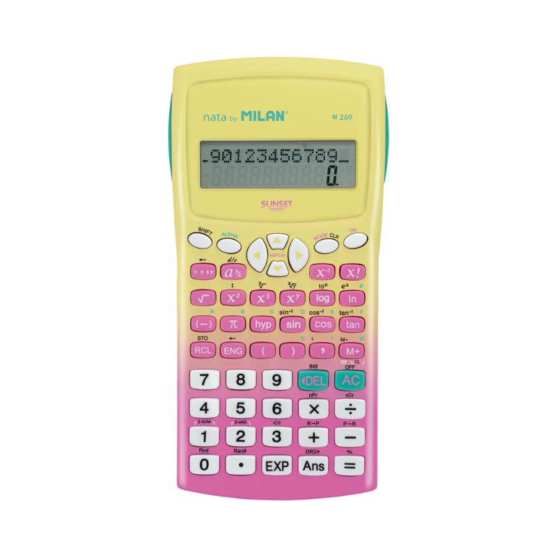 Milan Scientific Calculator in sunset pink and yellow, featuring a protective cover and a 2-line display for efficient calculations.