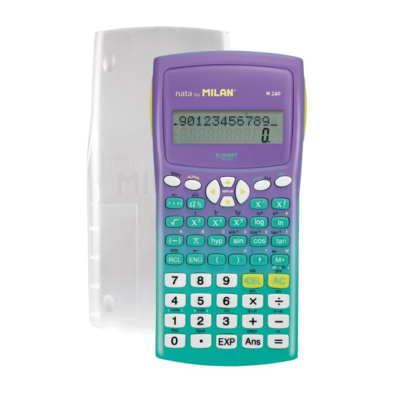 Milan Scientific Calculator in sunset green and purple with protective cover and 2-line display for advanced calculations.