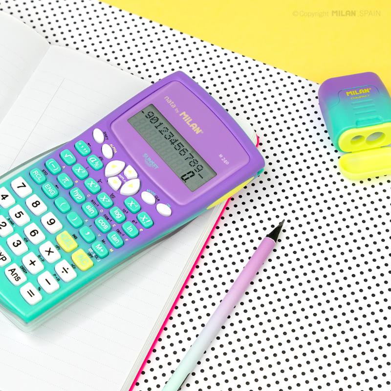 Milan Scientific Calculator in sunset green and purple, features 240 functions, durable cover, and 2-line display for easy calculations.