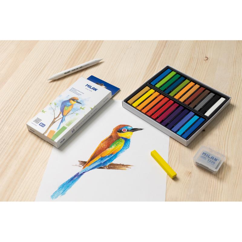 Vibrant Milan Soft Pastels 12 pack featuring rich colors for drawing, sketching, and blending, ideal for all artists.