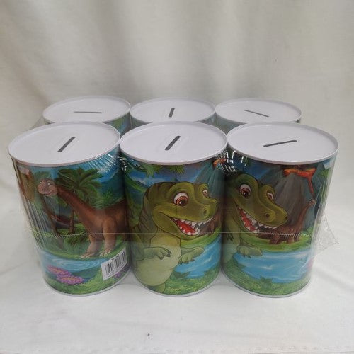 Colorful dinosaur-themed money pots, 10 x 15cm, set of 6, promoting saving in a fun and playful design ideal for all ages.