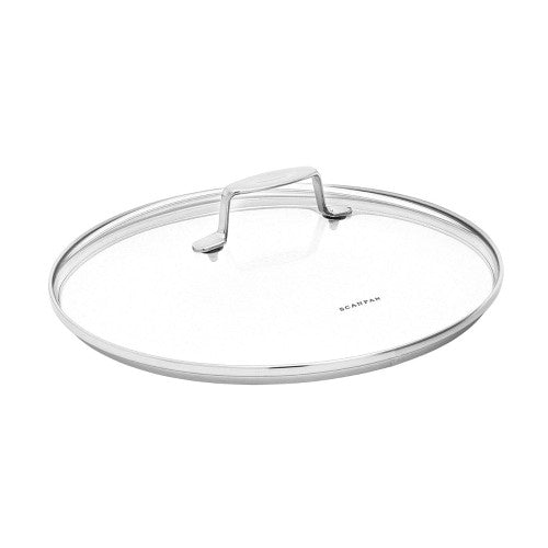Tempered glass lid with stainless steel trim, 22cm diameter, ideal for monitoring cooking without lifting the lid.