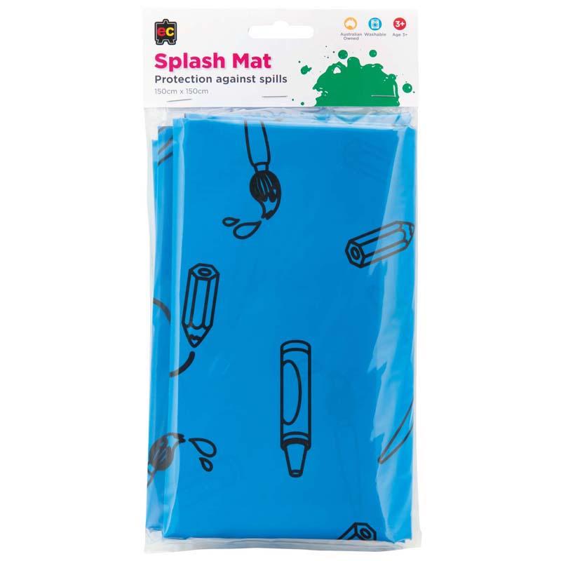 EC Splash Mat 1.5x1.5m made of heavy-duty plastic for easy cleanup, protecting floors from spills during crafts and play.