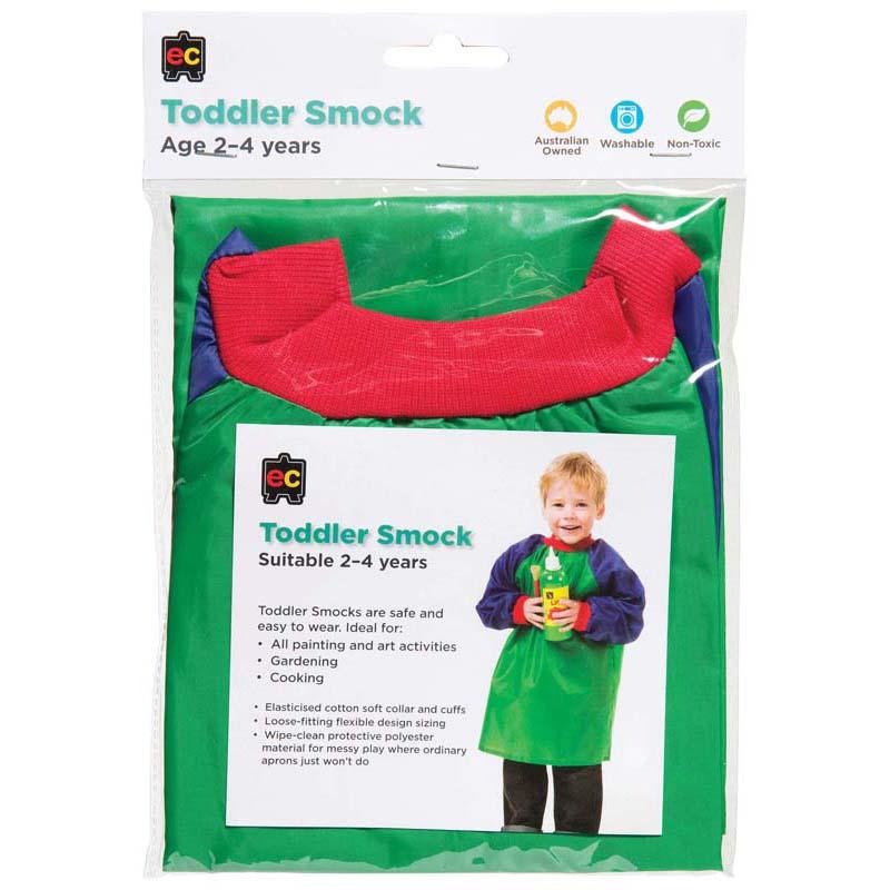 Toddler smock in green and blue for ages 2-4, featuring elastic cuffs and open back for comfort during messy play.