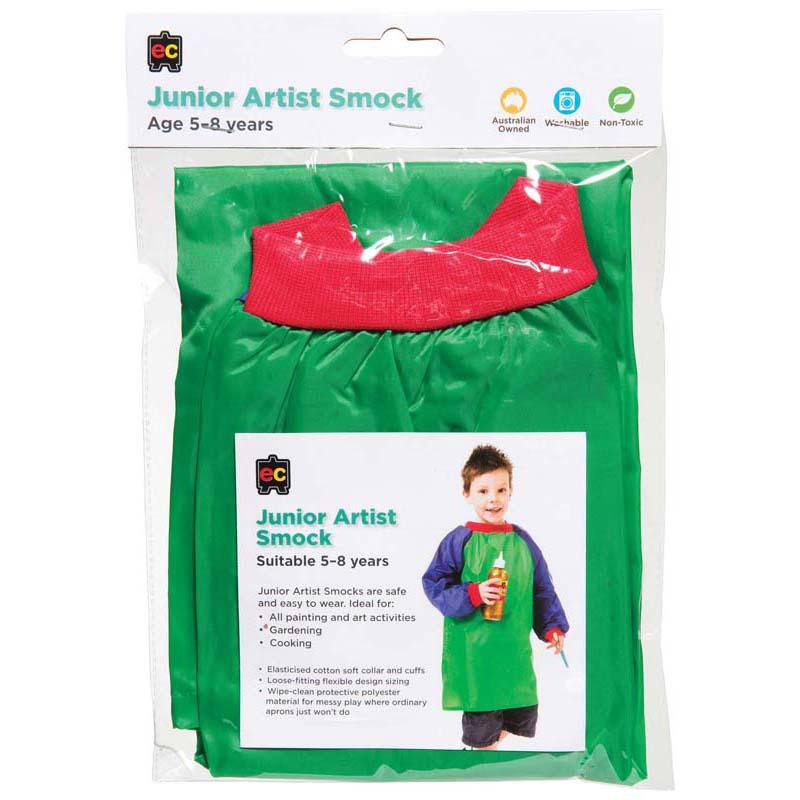 Green EC Smock for kids aged 5-8, crafted for messy art projects with elasticized collar, cuffs, and breathable design.