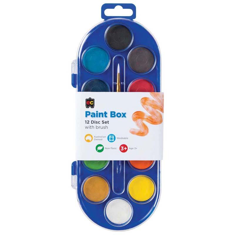 Vibrant EC Paint 12 Disc Set, featuring high pigment watercolours in a portable tray with a palette lid, perfect for young artists.