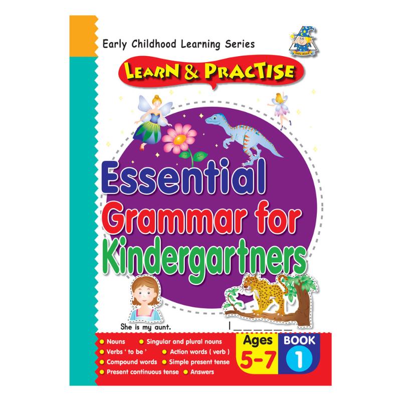 Colorful activity book for kids 5-7, teaching essential grammar skills through engaging exercises and illustrations.