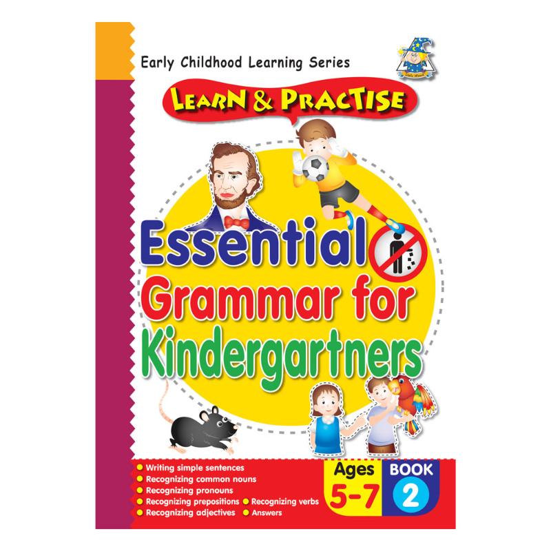 Colorful activity book for children ages 5-7, featuring engaging exercises on grammar fundamentals.