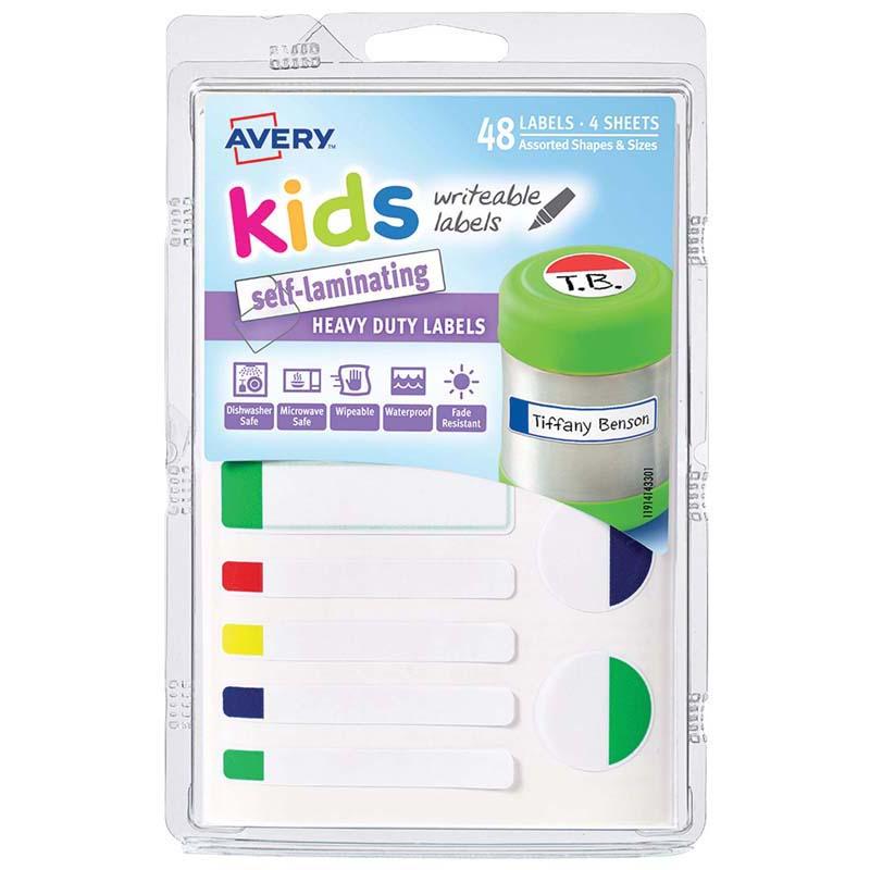 Vibrant self-laminating neon labels in assorted colors, perfect for kids' crafts and organizing school supplies.