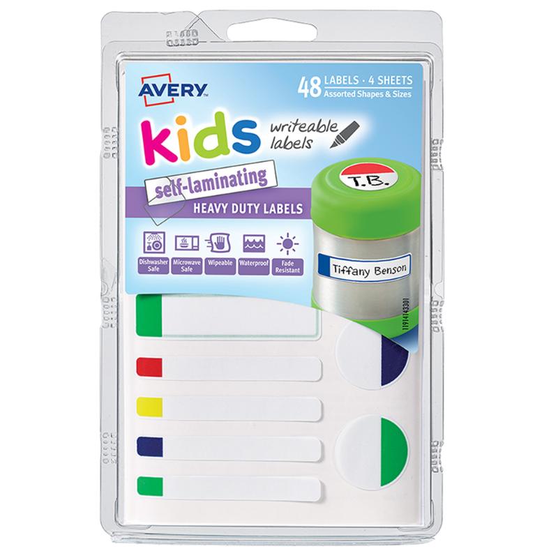 Vibrant neon self-laminating labels in assorted colors for kids' crafts, school projects, and organizing items.