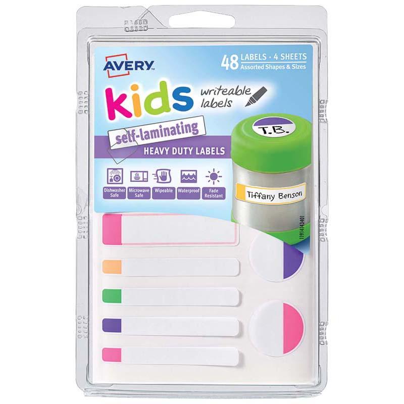 Colorful self-laminating labels in assorted shapes and sizes for kids, perfect for personalizing school supplies and gear.