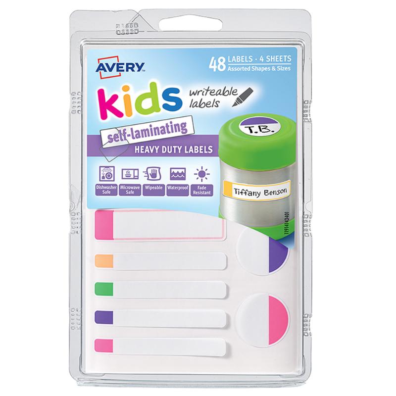 Brightly colored self-laminating labels for kids in assorted shapes, perfect for personalizing school supplies and lunchboxes.