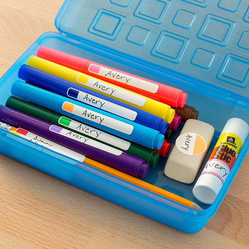 Vibrant self-laminating labels in assorted shapes and sizes, ideal for kids to personalize school supplies and gear.