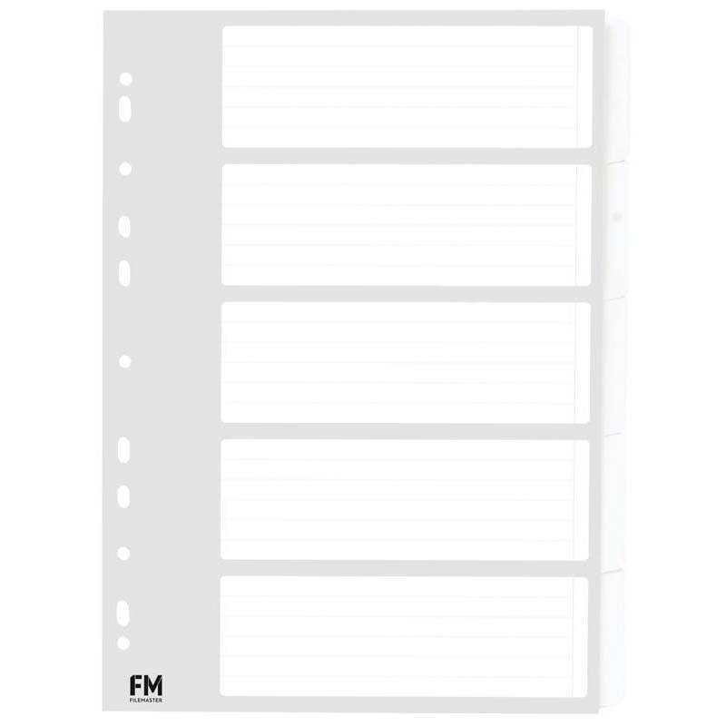 A4 white cardboard dividers with 5 tabs for organizing documents, featuring a reinforced strip for durability.