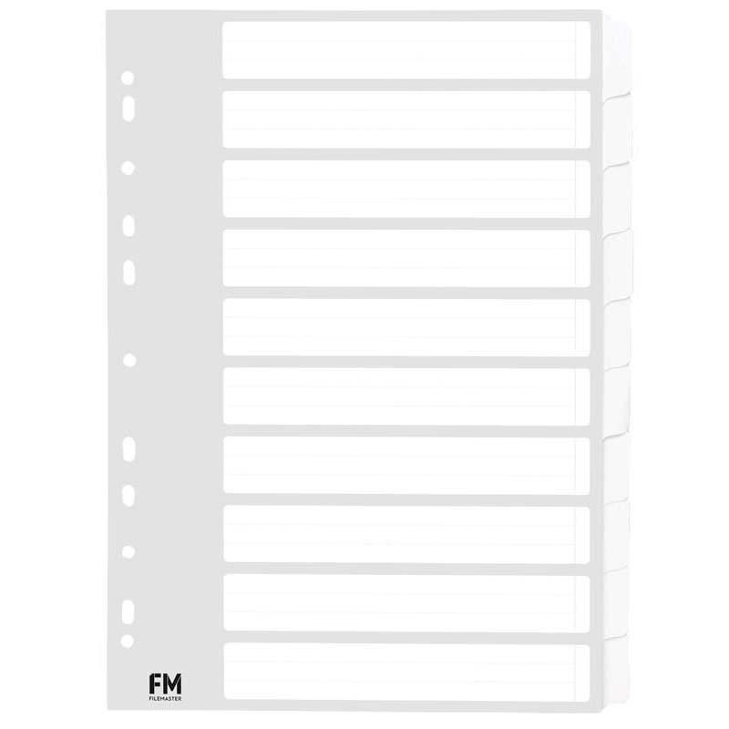 White A4 tabbed dividers, made of durable cardboard, ideal for organizing documents in binders and lever arch files.