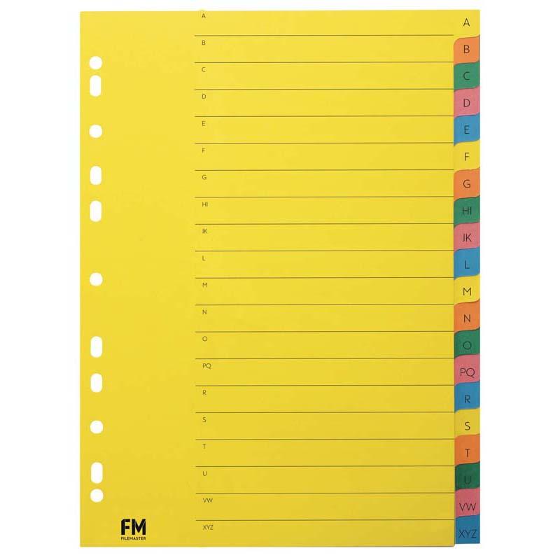A4 multi-colour dividers with reinforced strip for durable document organization; ideal for home, office, or school use.