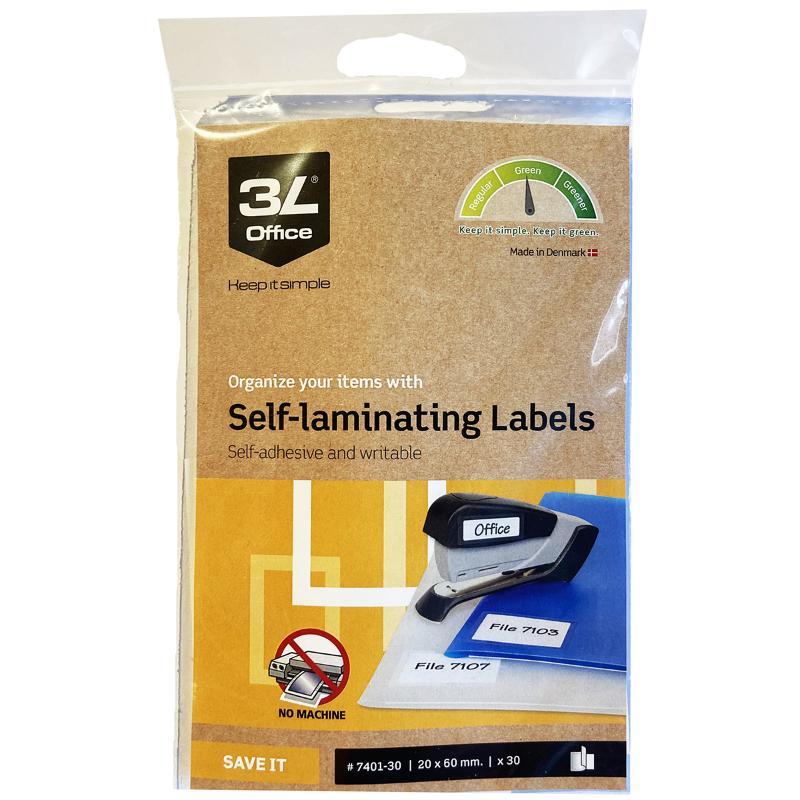 Self-laminating labels, 20x60mm, 5-up design on 6 sheets; durable, transparent, ideal for organizing and preserving documents.