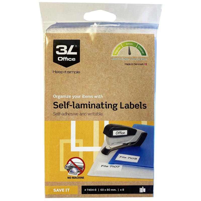 3L Self Laminating Labels, 60x80mm, transparent finish, 8 durable labels per pack for easy document protection.