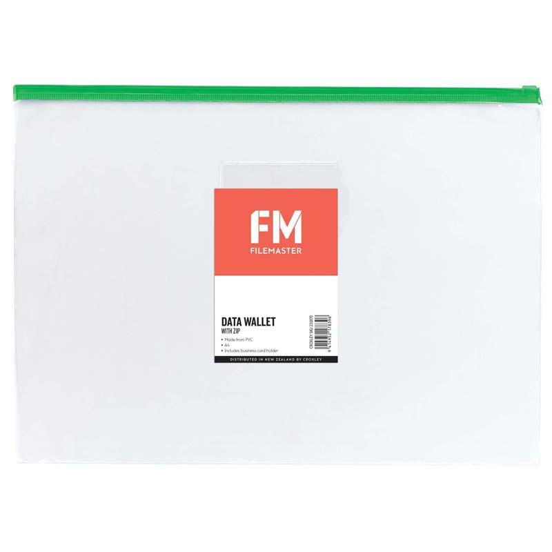 Clear A4 zip wallet in assorted colors with business card holder, perfect for organizing documents and stationery.