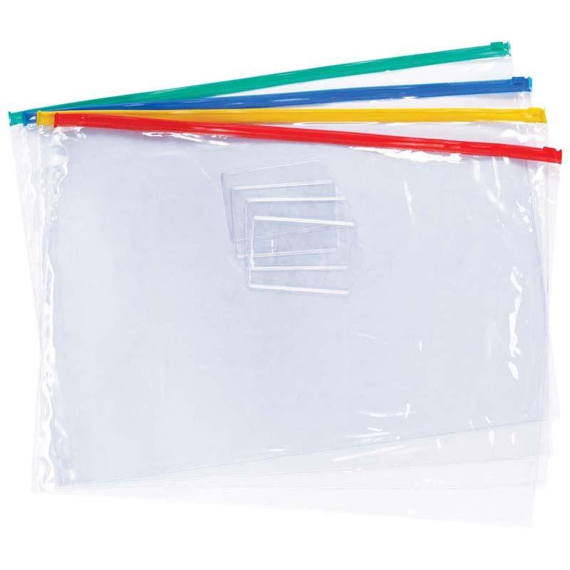 Clear B4 PVC data wallet with zip closure, featuring business card holder and punchable for ring binder use, ideal for organizing documents.