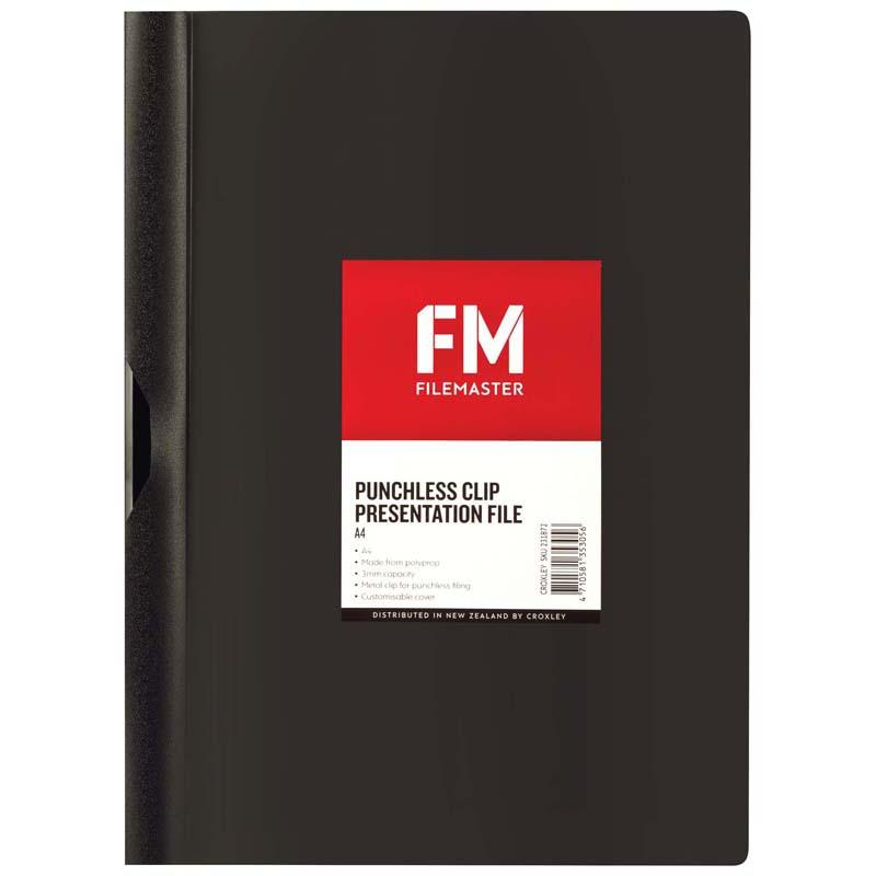Black A4 clip file with clear front cover, made from durable polypropylene, holds up to 30 sheets for document organization.